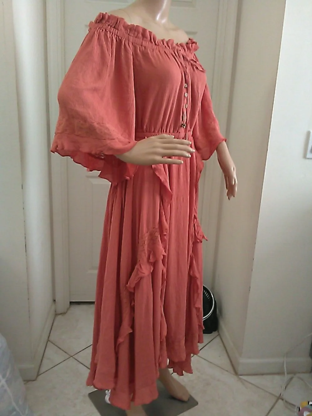 NWT FREE PEOPLE Boho Off-Shoulder Ruffle Maxi Dress Coral SZ. SM